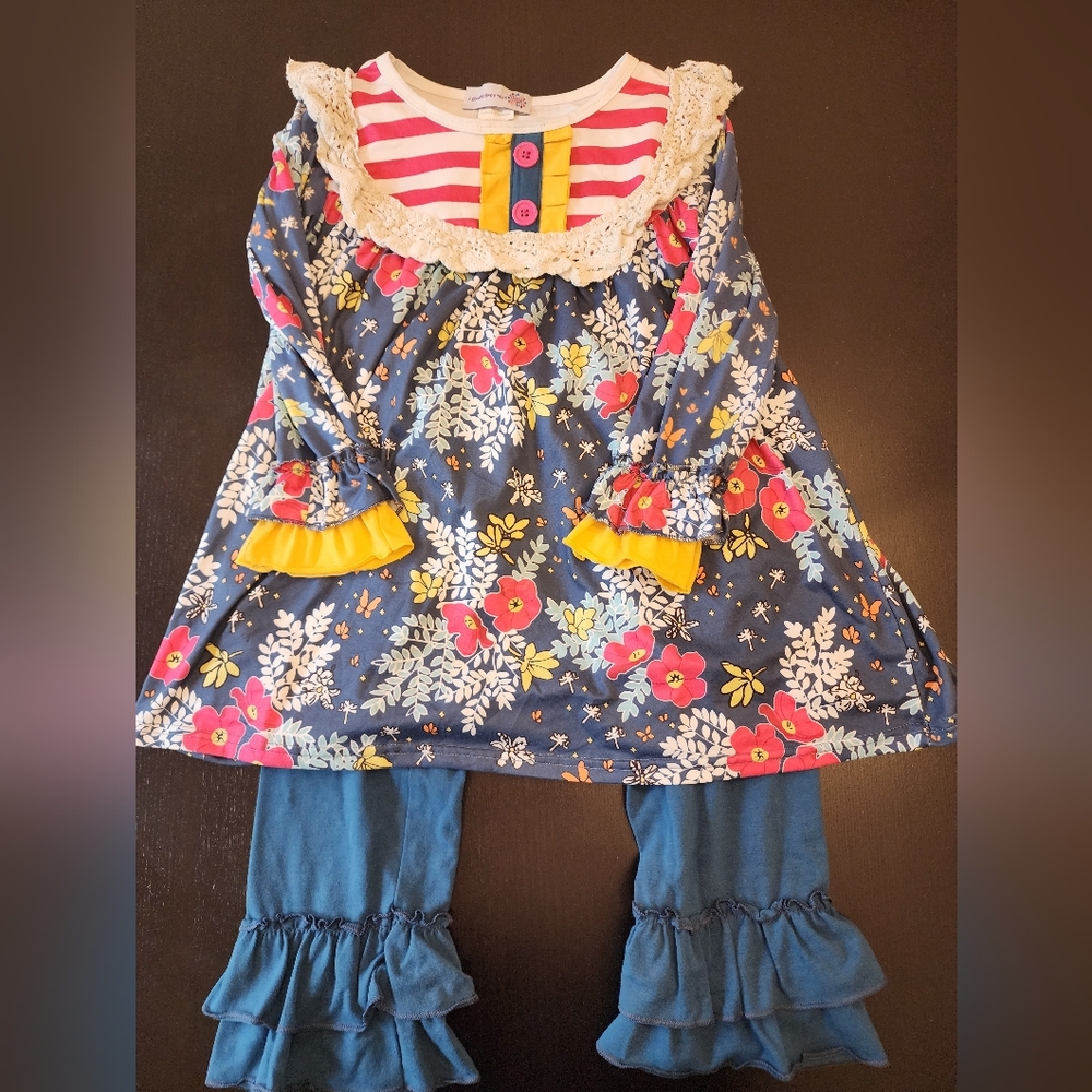 Floral Blue Dress Set With Ruffle Pants